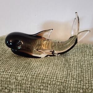Vintage Murano Style Art Glass Whale Figurine Smoky Amber Clear 6" MCM Decor